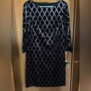 JH Evenings Black Velvet Diamond Pattern Dress Size 10